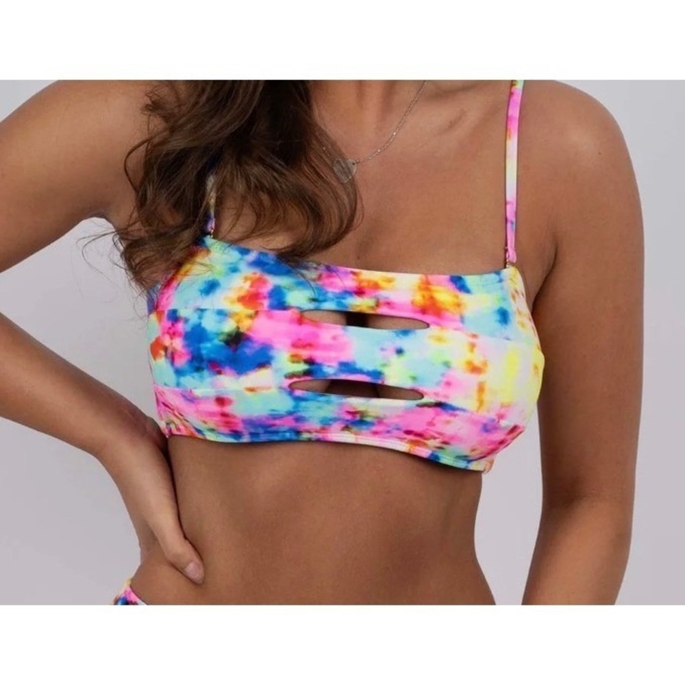 Blushing Brunette Bikini Top XL Multi Tie Dye Cutout Strappy Modern